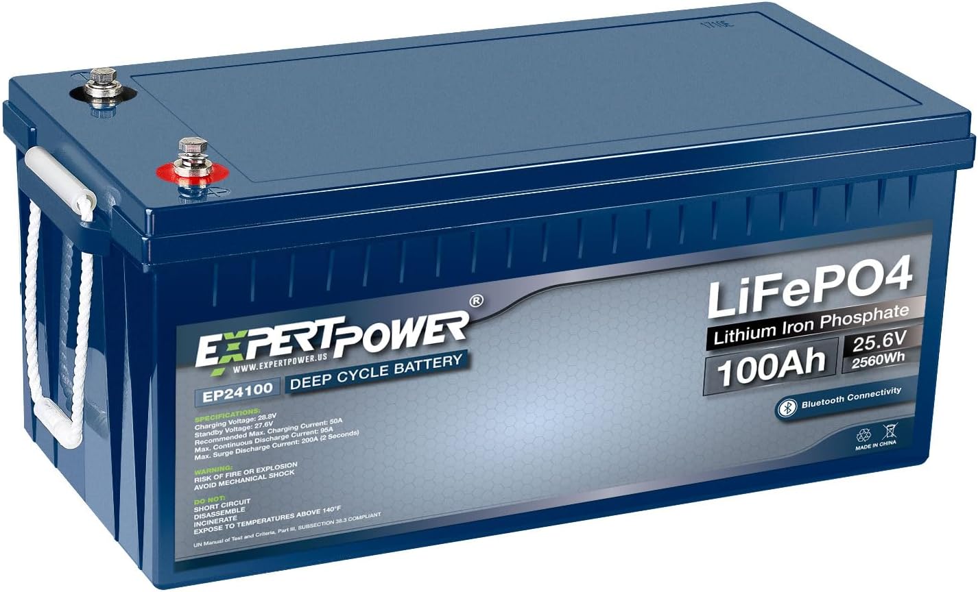 ExpertPower Batería recargable LiFePO4 de litio de 24 V y 100 Ah  Bluetooth  2500-7000 ciclos de vida y 10 años de vida útil  BMS integrado  Motores