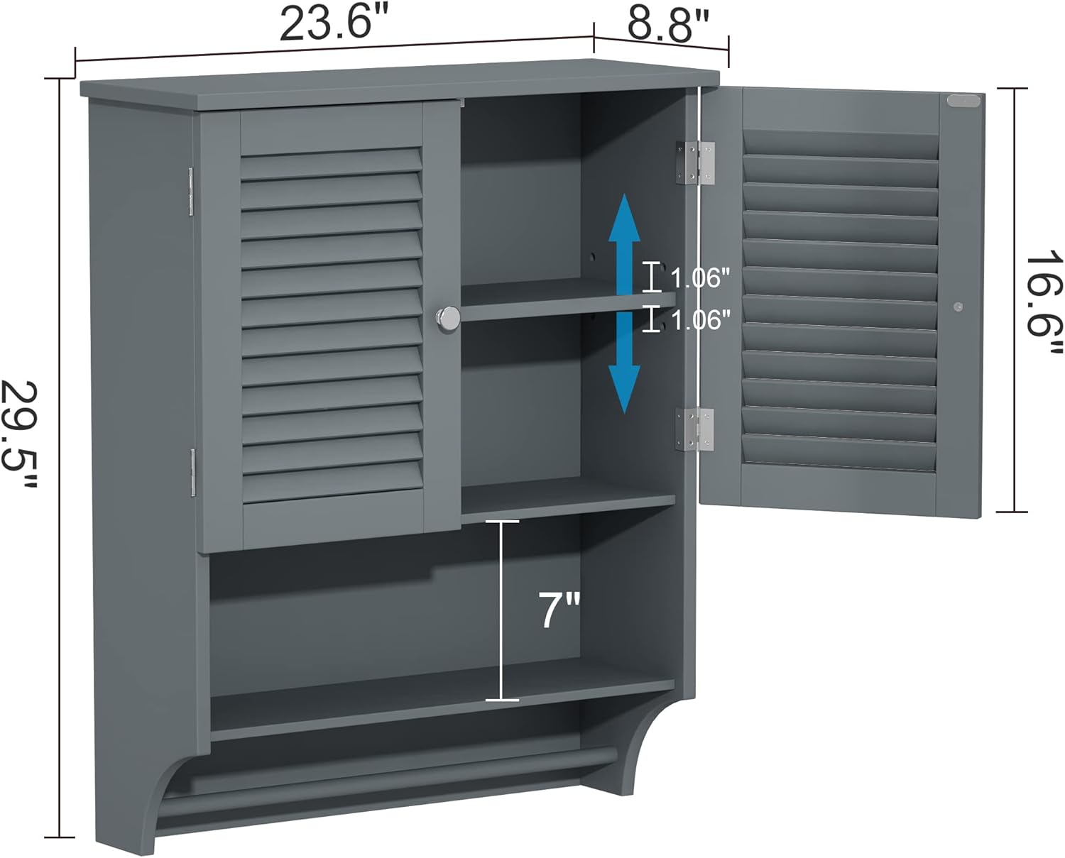 ChooChoo Armario de pared de baño con barra de toallas, 23.6 pulgadas de largo x 8.9 pulgadas de ancho x 29.3 pulgadas de alto, gabinete de medicina