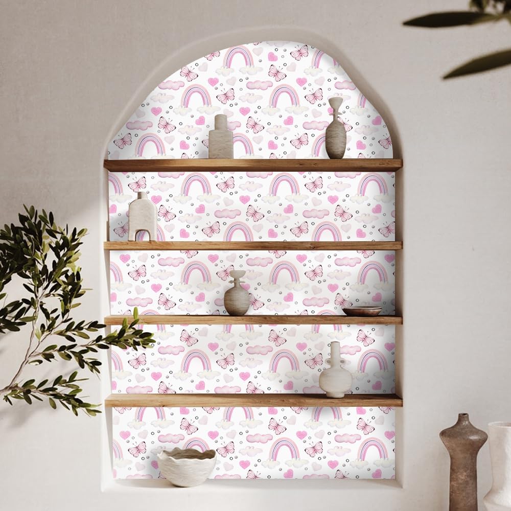 Papel tapiz de vinilo de 17.7 x 236.2 pulgadas, color rosa, arcoíris, mariposa, despegar y pegar, para habitación de los niños, para muebles de
