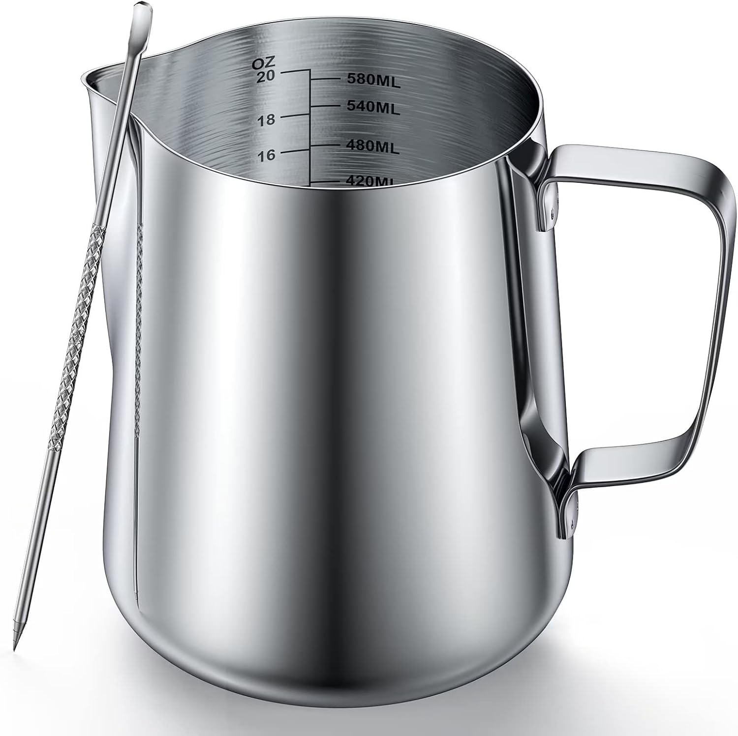 Jarra de espuma de leche de acero inoxidable de 20 onzas, medidas en ambos lados, accesorios para máquina de espresso, taza de arte latte con mango
