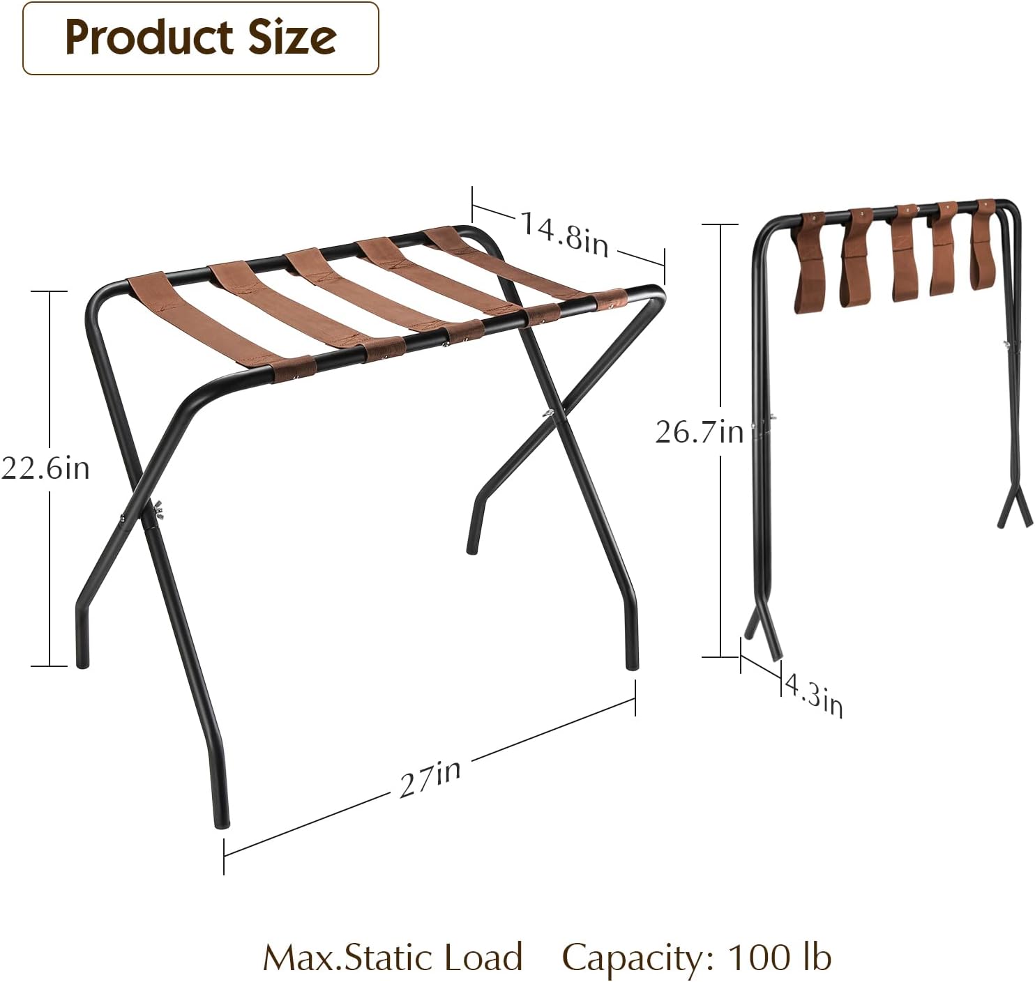 OFIDELITY Estante de equipaje, 1 unidad, estante plegable de metal para maleta con correas de nailon marrón y marco de acero, habitación de