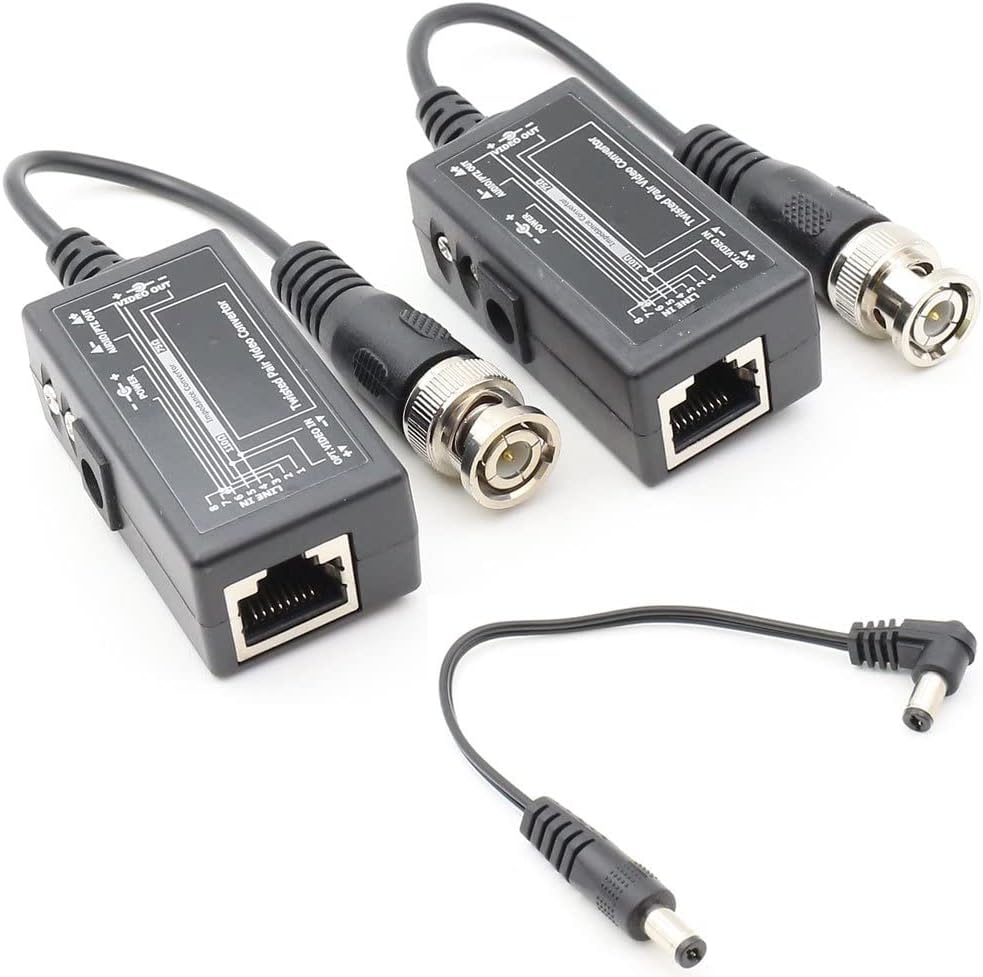 Evertech 4 pares (8 piezas) Balun de video pasivo con Power BNC a RJ45 Cable convertidor de video transmisor de potencia de audio a través de