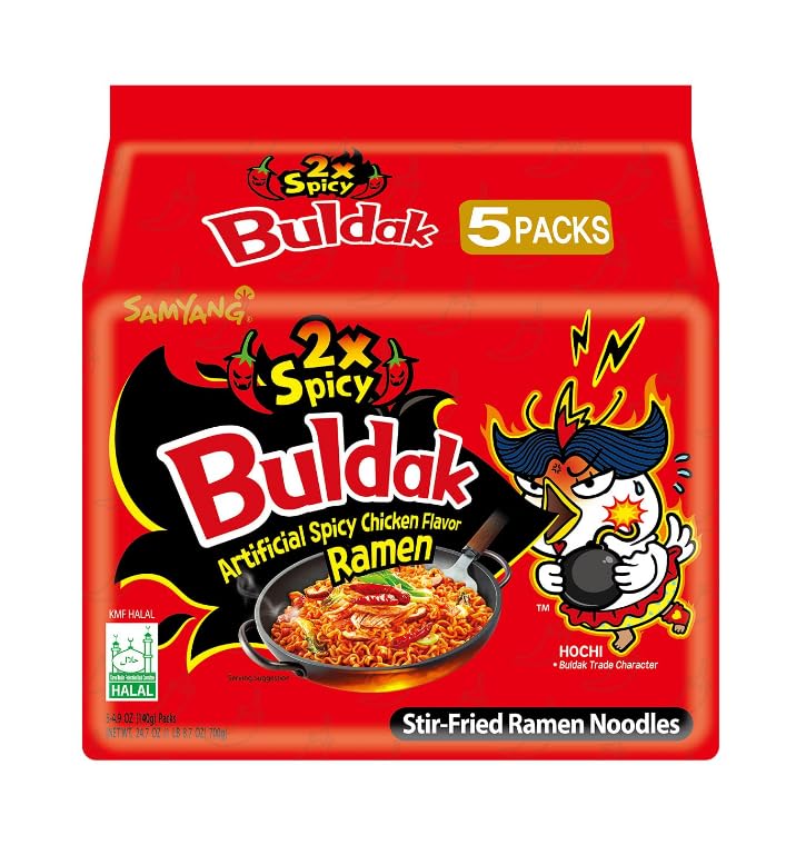 Samyang 2 fideos ramen salteados Buldak picantes, fideos coreanos dos veces más picantes con sabor a pollo, 24.65 onzas (paquete de 1) (total 5