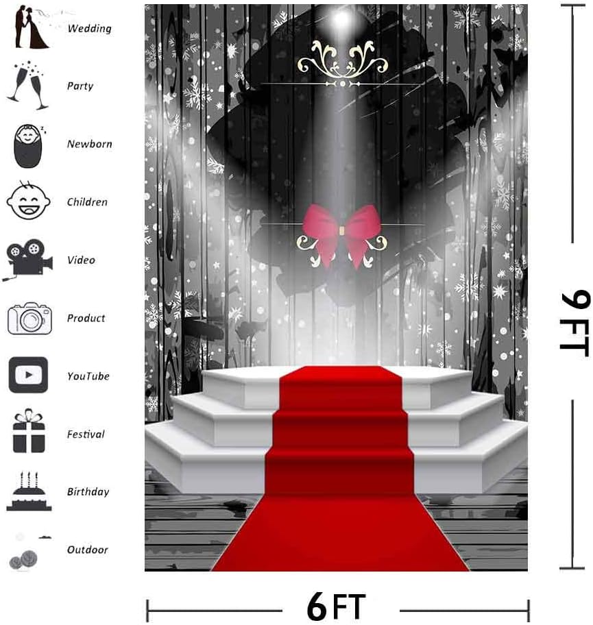 Telón de fondo de fotografía de escenario de alfombra roja de 6 x 9 pies, copo de nieve, cortina negra, con lazo, para bebé, niños, adultos,