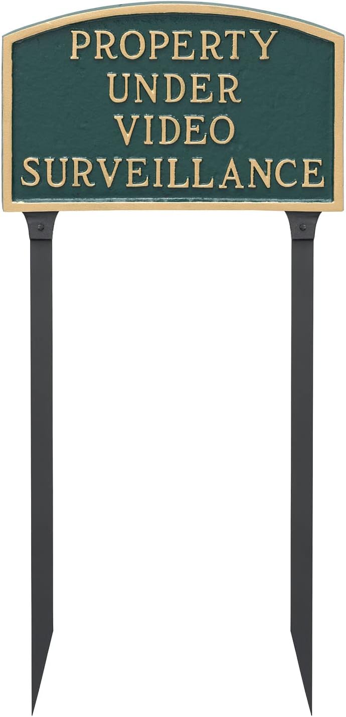 Placa de metal fundido bajo video vigilancia arco declaración placa – Placa de visualización de pared o césped – Señal de seguridad para el hogar o