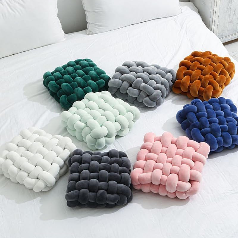 Almohada decorativa cuadrada de 13 pulgadas, almohada anudada de terciopelo blanco y camello de 8 bolas, almohada de piso para sala de estar,