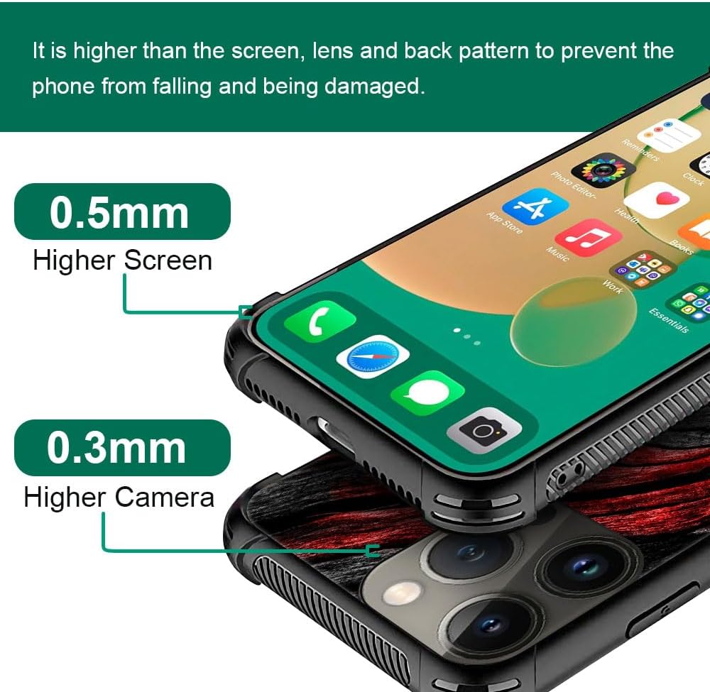CARLOCA Funda compatible con iPhone 15 Pro, 1 funda con patrón de grano de madera negra y roja para iPhone 15 Pro, ultra protección, a prueba de