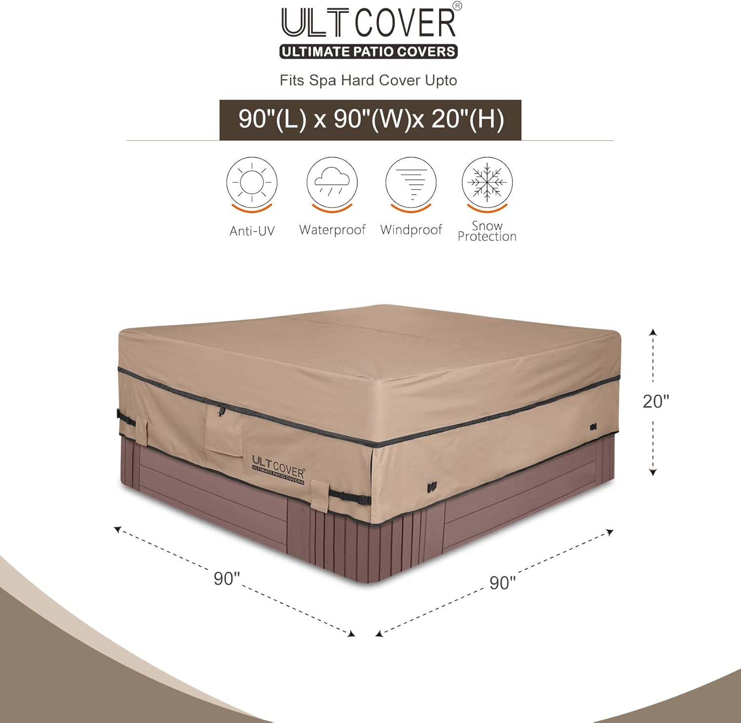 Ultcover Cubierta cuadrada de poliéster 600D, impermeable, para bañera de hidromasaje de exterior, 90 x 90 pulgadas, negra