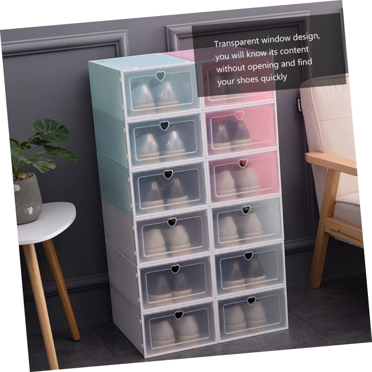 Zerodeko 12 unidades de almacenamiento abatible, caja de zapatos apilable, almacenamiento de zapatos, cajón de zapatos, organizador de plástico