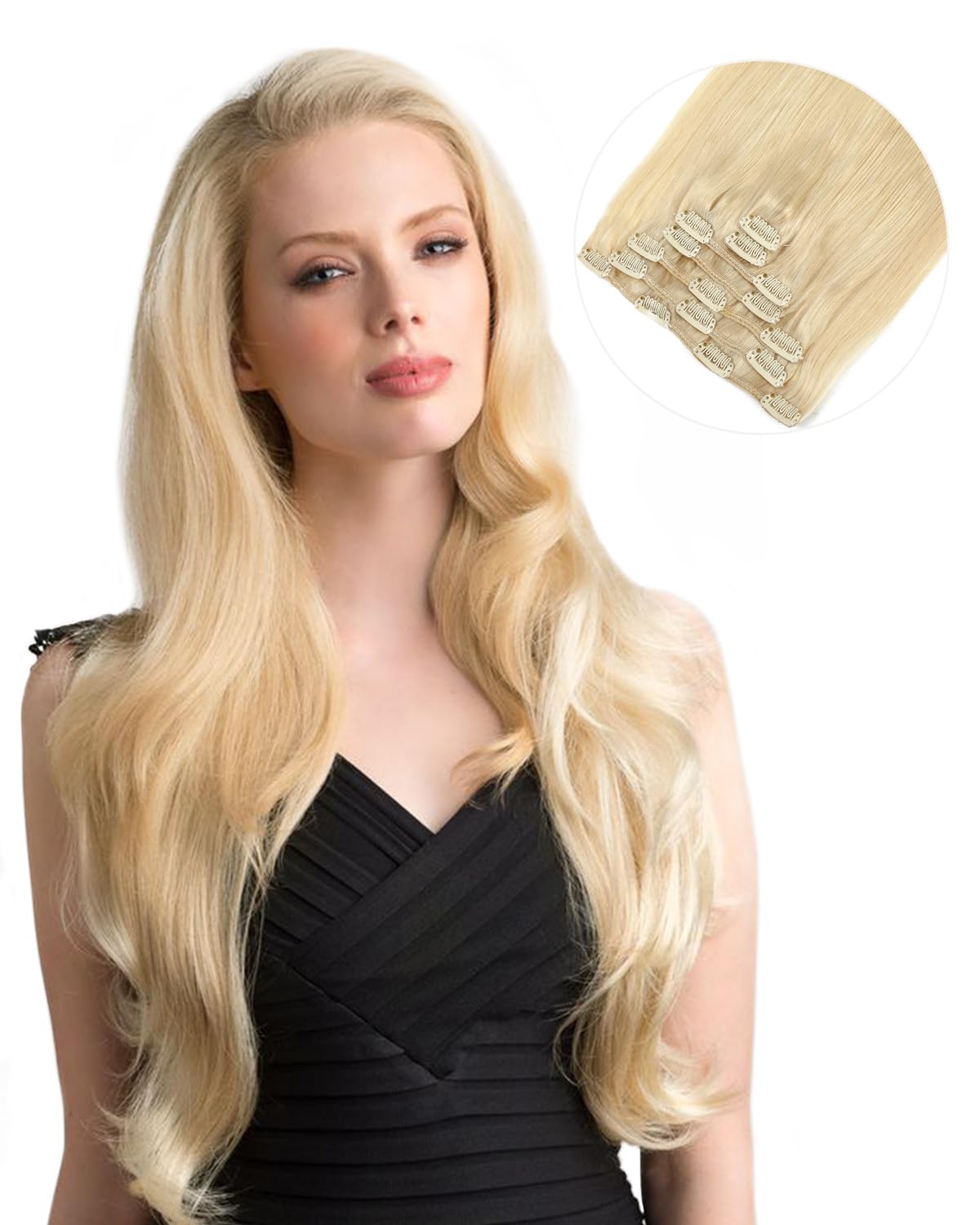 Missme Extensiones de cabello humano real con broches, 18 pulgadas, 4.23 oz, 7 unidades, 16 clips, 100 % cabello humano real rubio platino para mujer