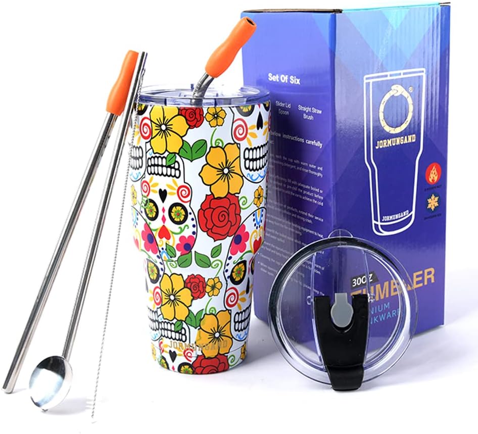 Jormungand Vaso de 30 onzas con pajilla, botella de agua de acero inoxidable aislada al vacío con tapas de repuesto, taza de café amigable con tapa