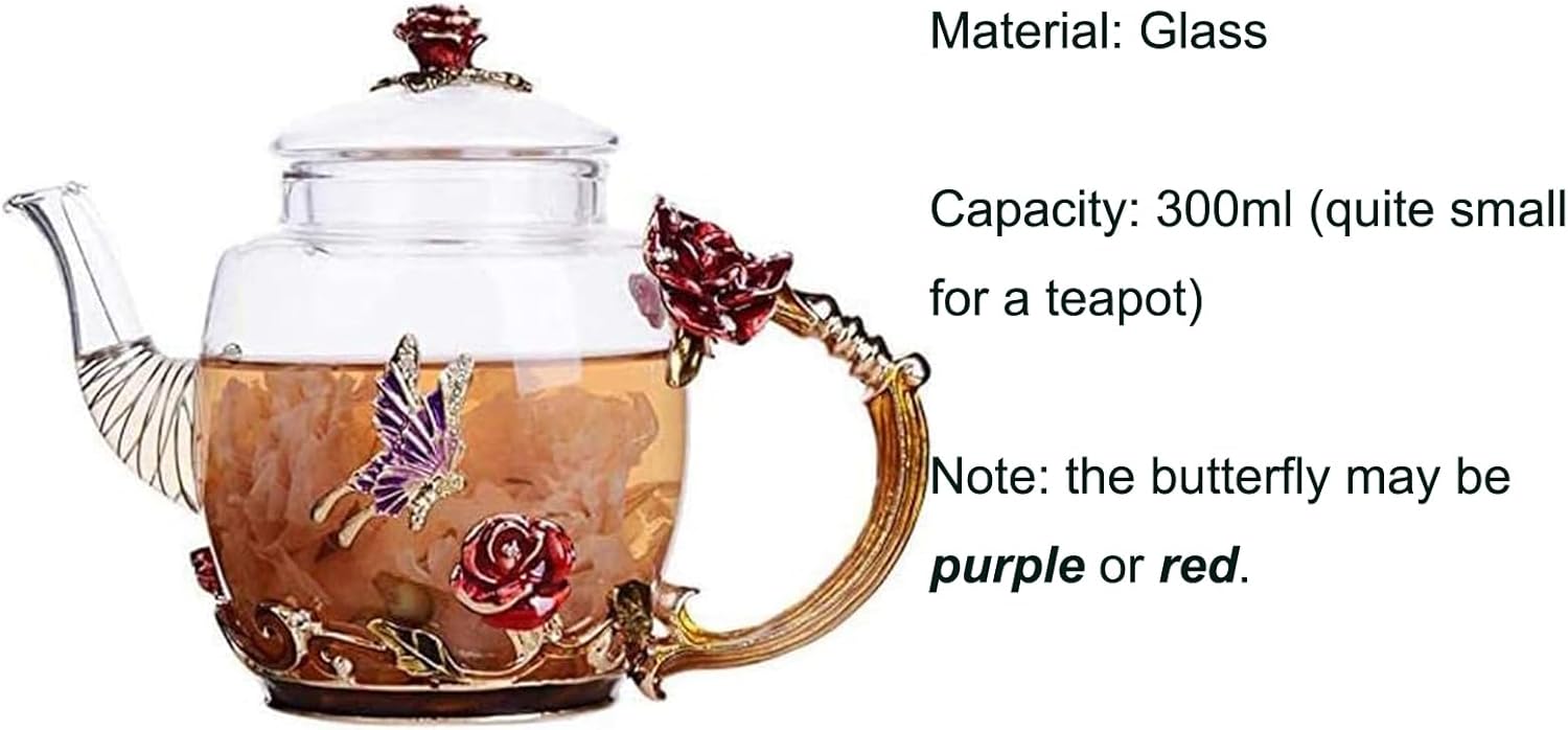 Tetera creativa de cristal de flores para té de Kung Fu, buen regalo para hermana, mamá, abuela, profesores (rosa roja)