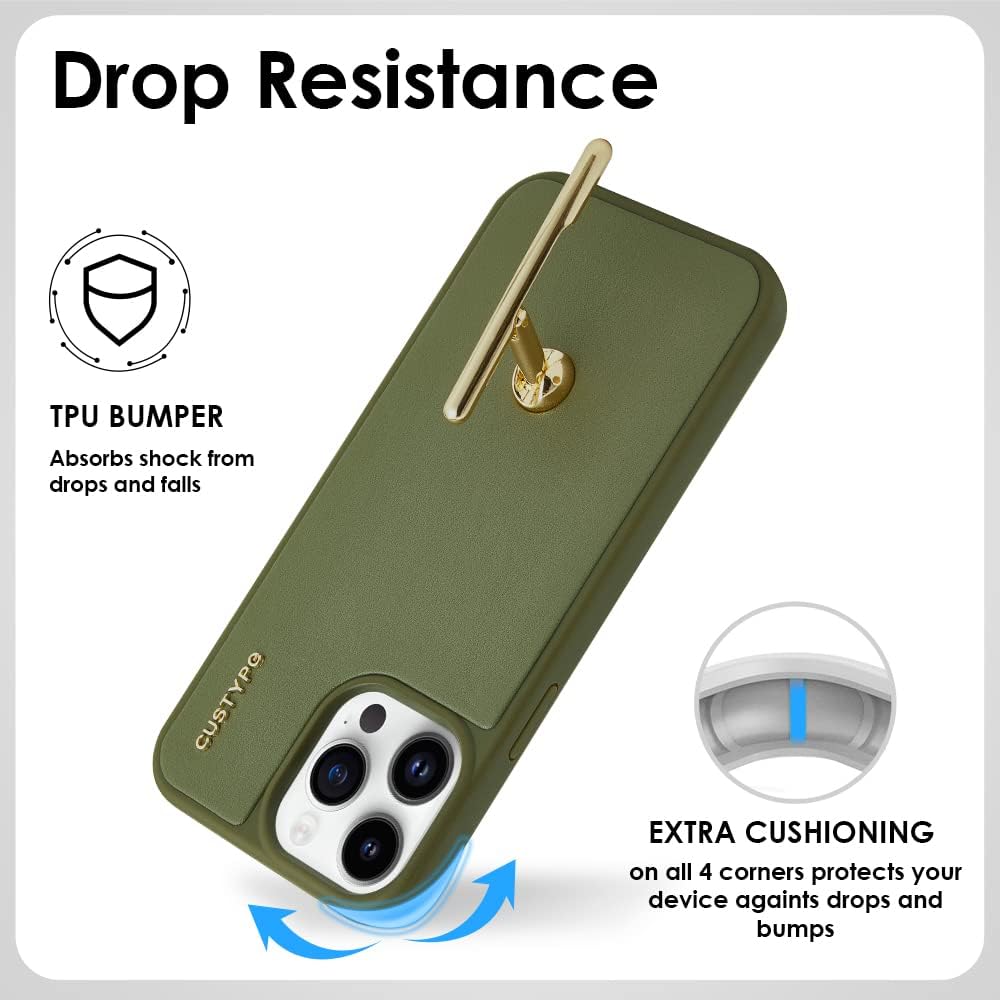 CUSTYPE – Funda protectora de cuero a prueba de golpes para iPhone 14 Pro Max, compatible con carga inalámbrica, soporte de 2 vías, soporte de