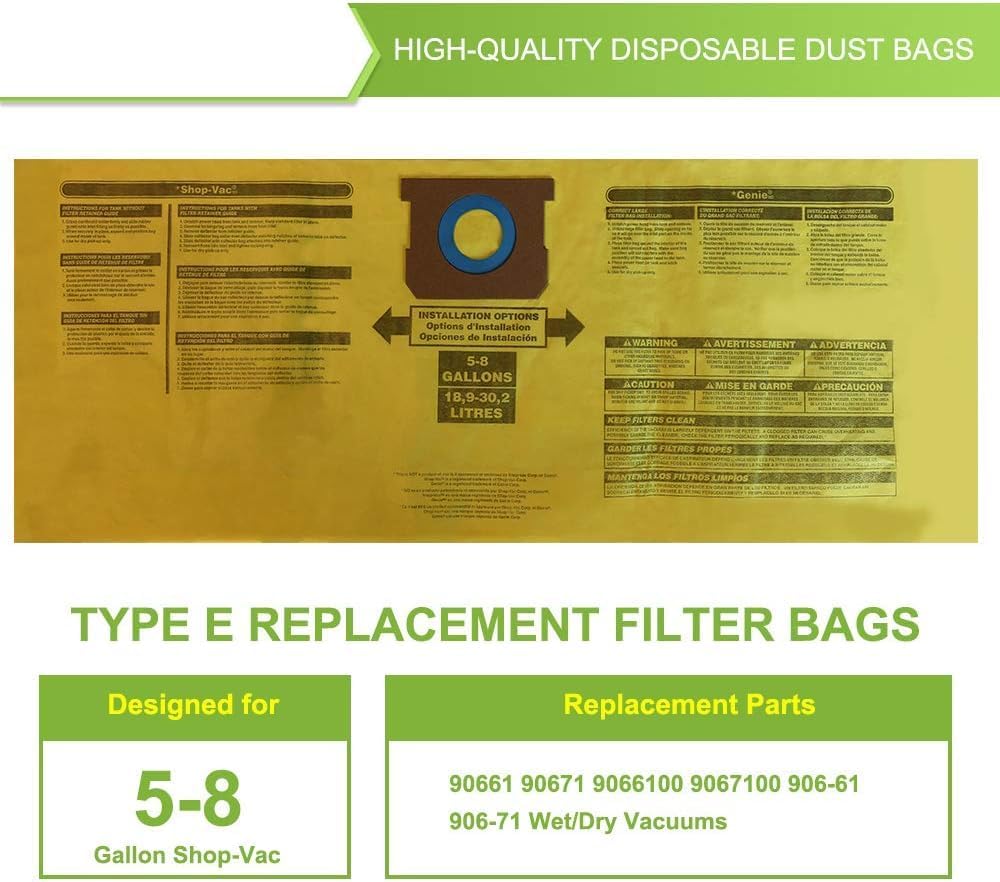 Vac 90661 9066100 Tipo E Bolsa de vacío en seco y húmedo para Shop Vac Bolsas de filtro desechables de 5 a 8 galones (amarillo-6 piezas)