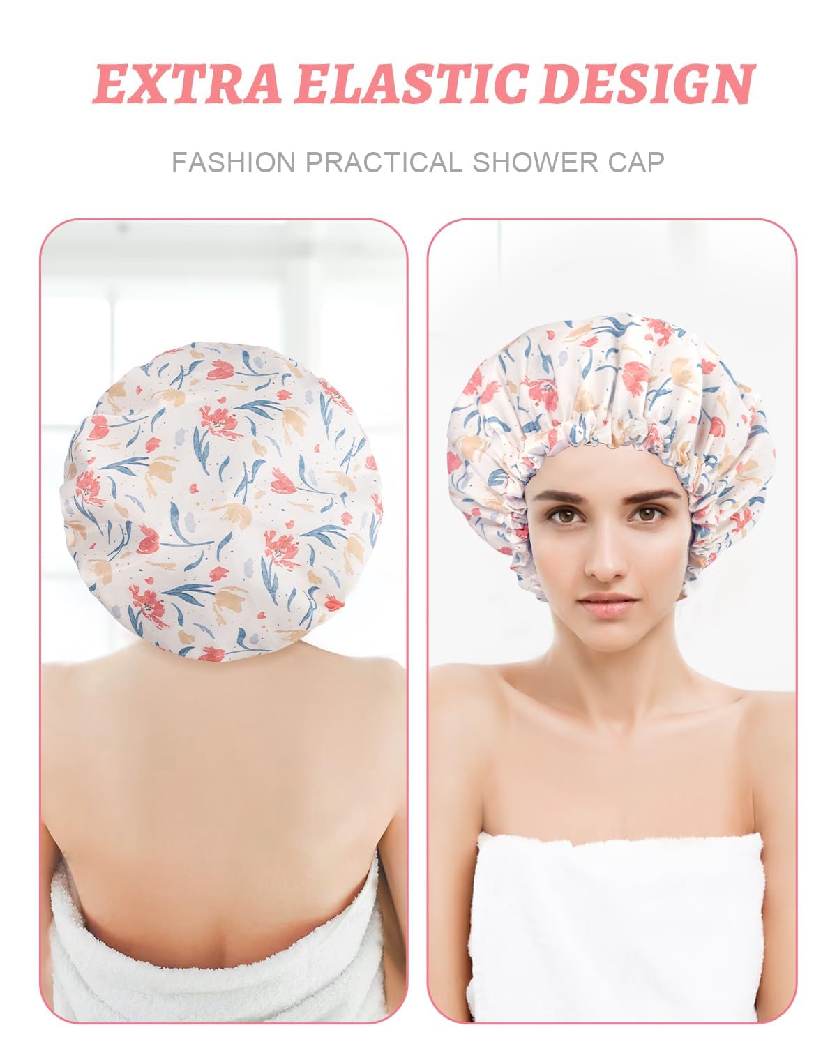 Aquior Gorro de ducha impermeable de doble capa para mujer, gorro de ducha grande reutilizable para todas las longitudes de cabello con forro de