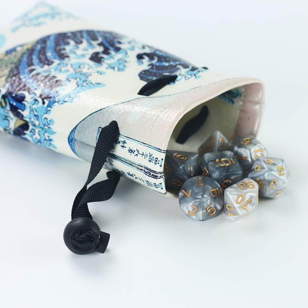 QIELIZI DND Bolsa para dados, PU Cuero funda para dados de dragón, con set de 7 dados, perfecto para calabozos y dragones RPG D&D dados, monedas y