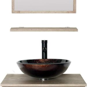 eclife Juego de lavabo de tocador de baño de 24 pulgadas montado en la pared con dos cajones marrón redondo vidrio templado fregadero con grifo ORB, eclife Juego de lavabo de tocador de baño de 24 pulgadas montado en la pared con dos cajones marrón redondo vidrio templado fregadero con grifo ORB,