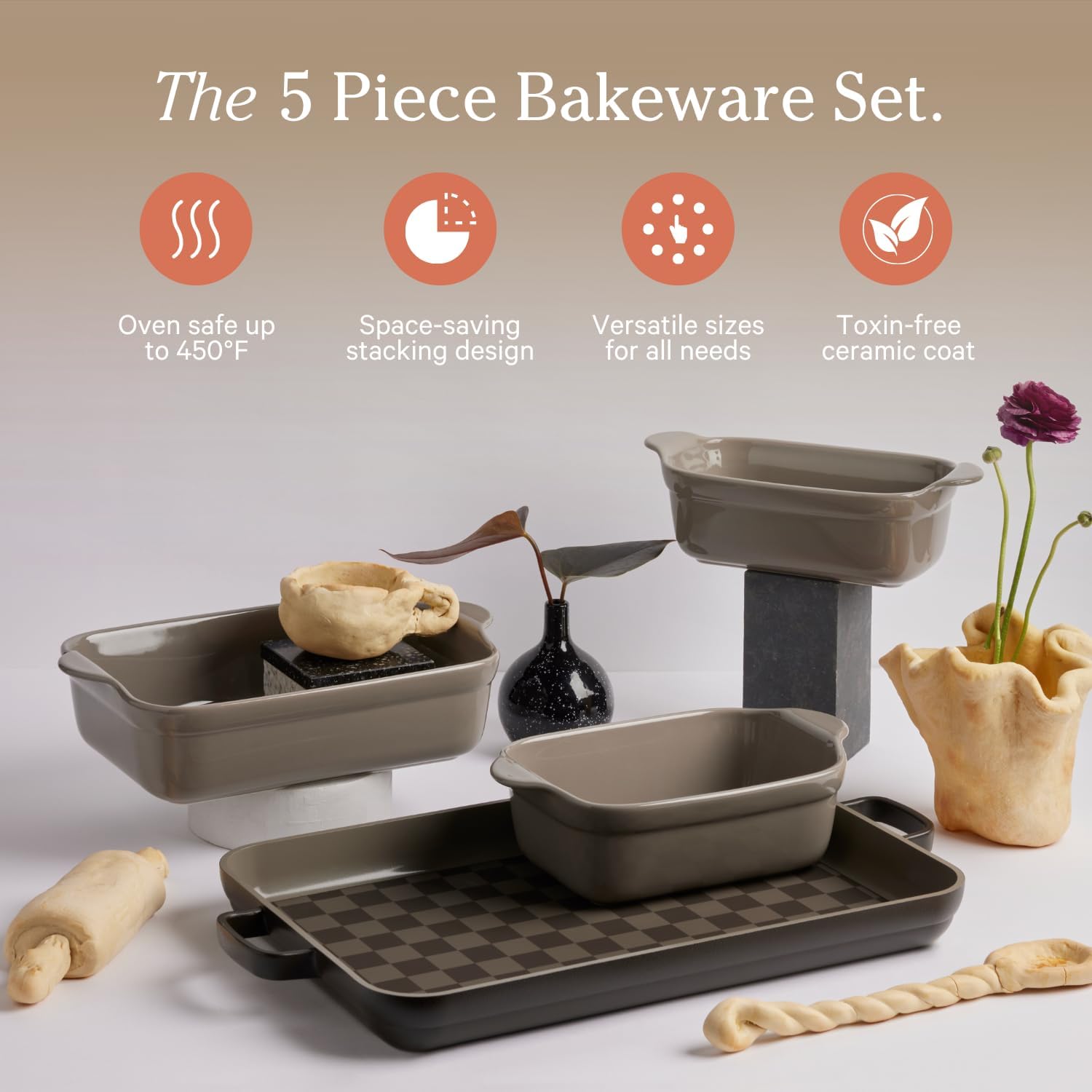 Our Place Ovenware – Juego de 5 piezas antiadherentes, sin toxinas, cerámica y cerámica con bandeja para horno, panaderos y alfombrilla para horno,