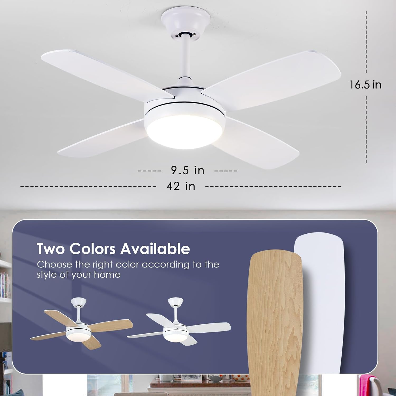 Asyko Ventiladores de techo de 42 pulgadas con luces, ventilador de techo moderno blanco con control remoto y aplicación, 6 velocidades y función de