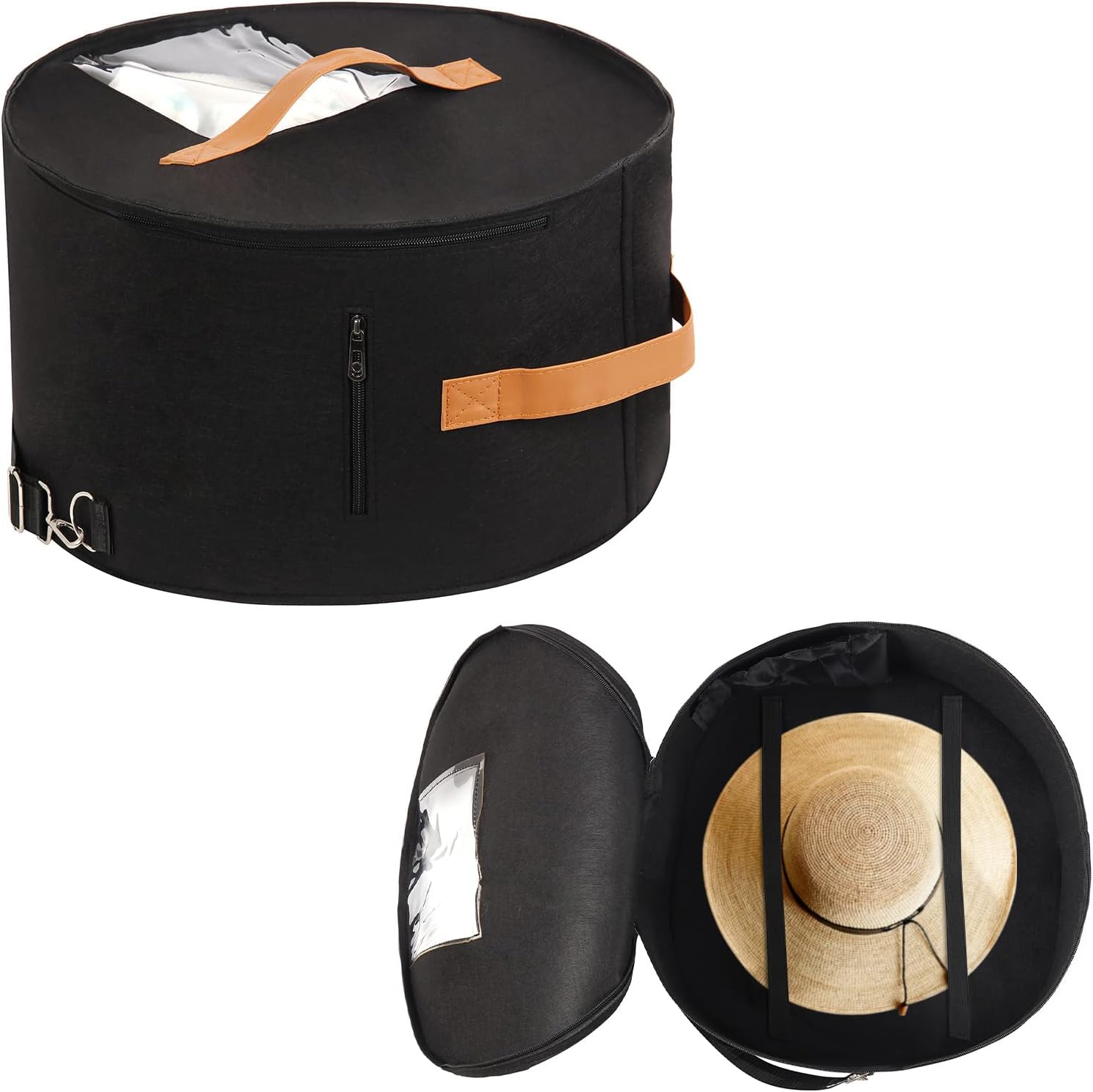 Caja de almacenamiento para sombreros redondos, cajas portátiles de fieltro para mujeres y hombres con tapa translúcida a prueba de polvo y correa