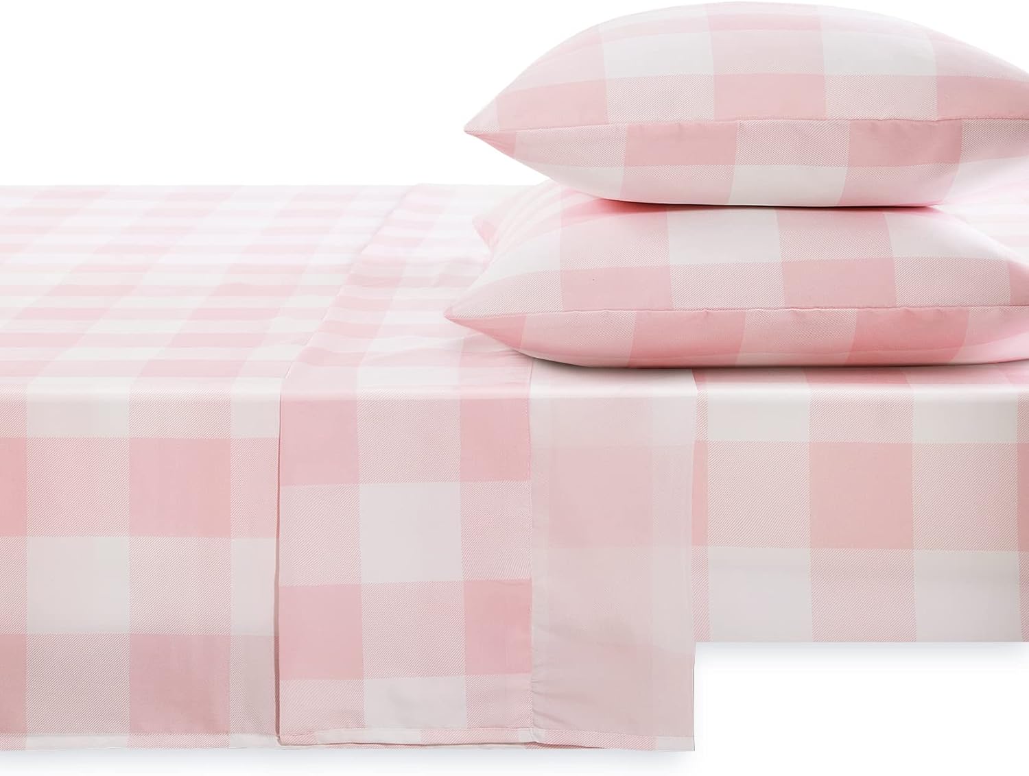 Wake In Cloud – Sábanas de cama tamaño King, juego de sábanas encimeras bajeras de 4 piezas, bolsillo profundo, lindo rosa rubor blanco a cuadros