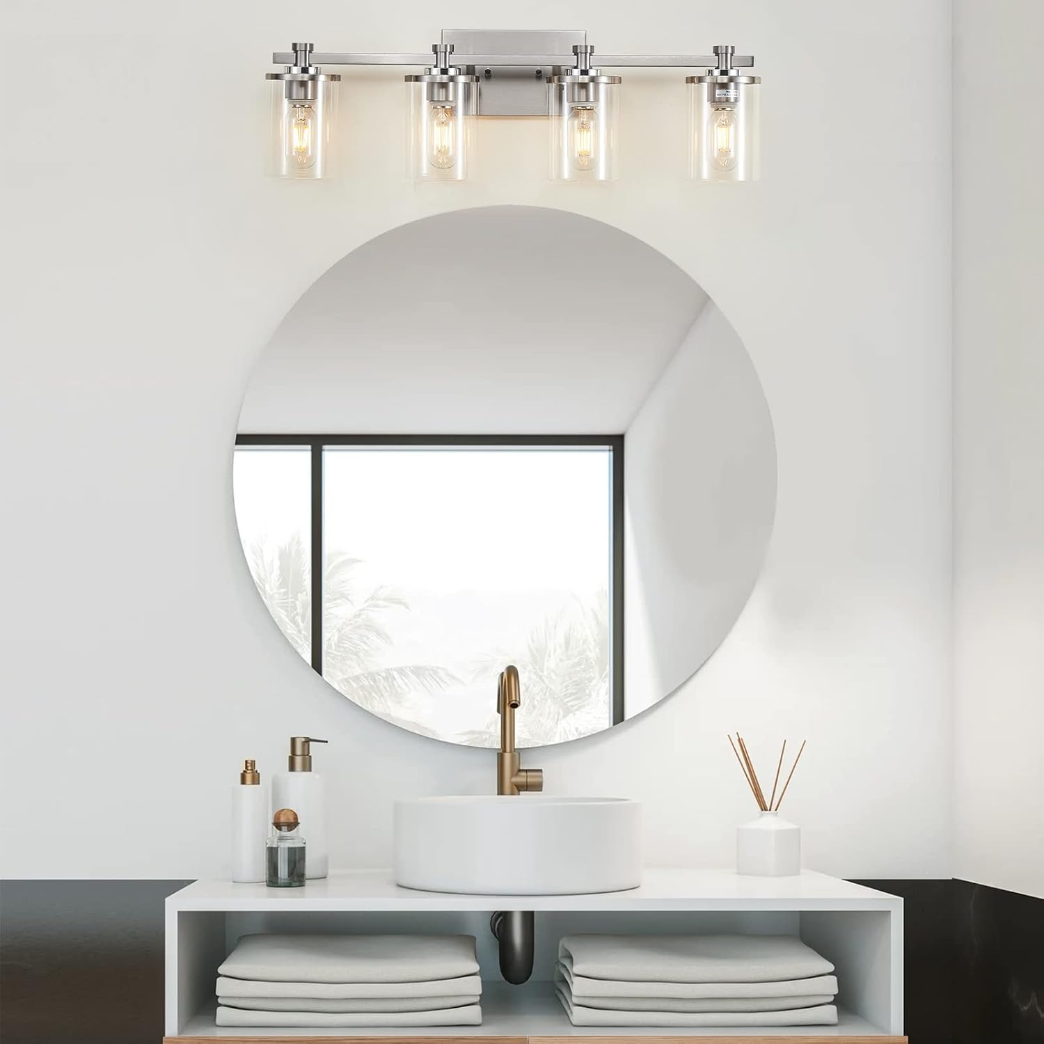 Lámpara de tocador de baño de 4 luces, luces de tocador de níquel sobre el espejo, enchufe de acento de cobre de níquel cepillado, lámparas de baño