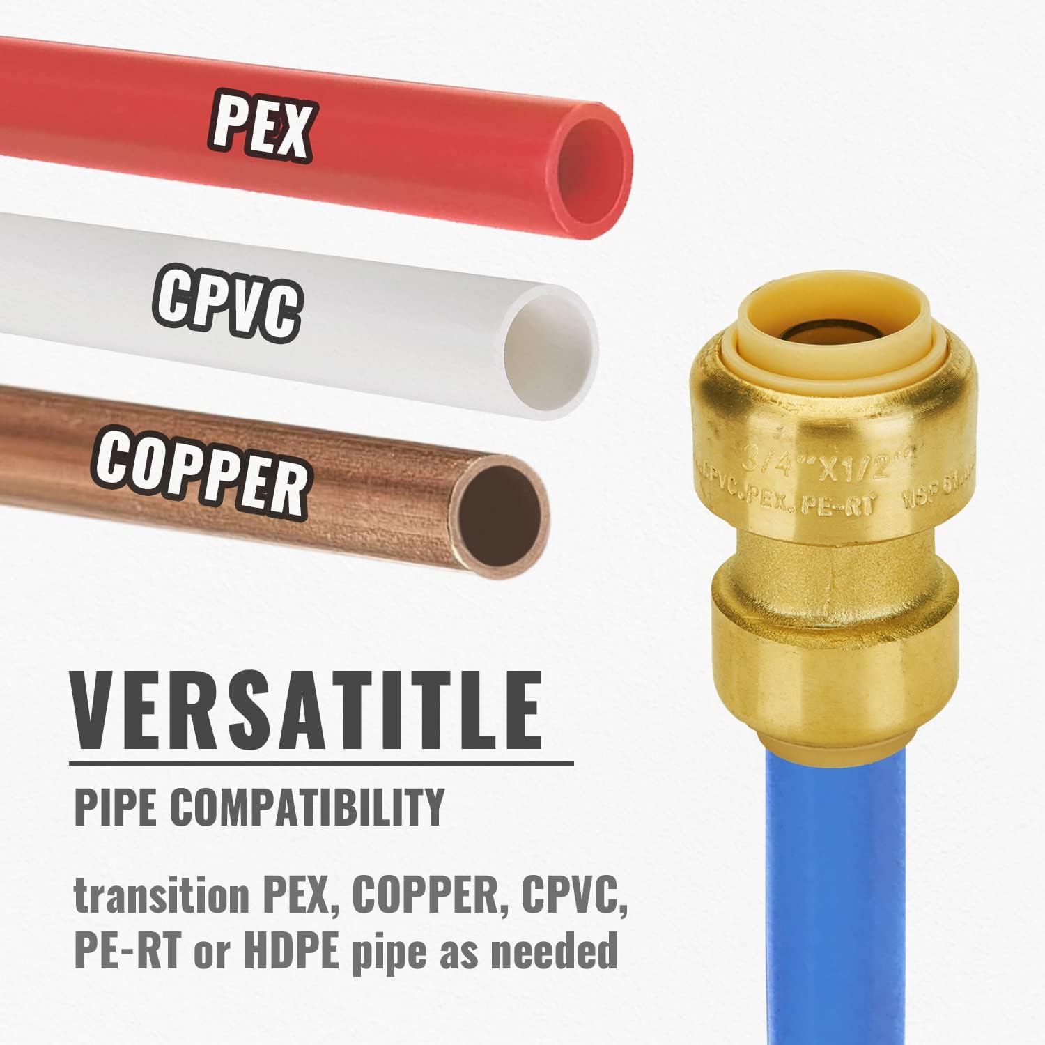 SUNGATOR Acoplamiento reductor, acoplamiento recto de ajuste a presión de 34 pulgadas por 12 pulgada, PEX empujar para conectar, cobre, CPVC, PE-RT,