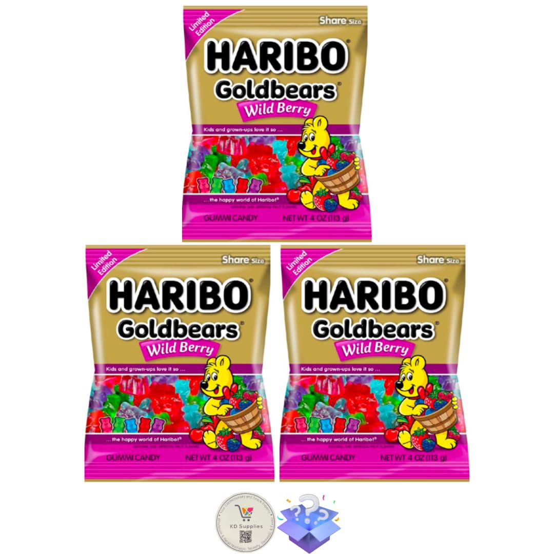 Haribo Gummi Candy – Gomitas suaves y masticables deliciosas, (paquete de 3) bolsas de clavijas de tamaño compartido + caramelo misterioso extra (4