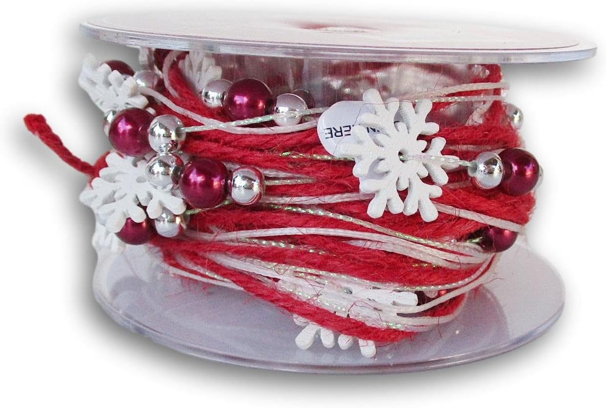 Cinta de Navidad de yute con cuentas de copo de nieve rojo – 15 pies