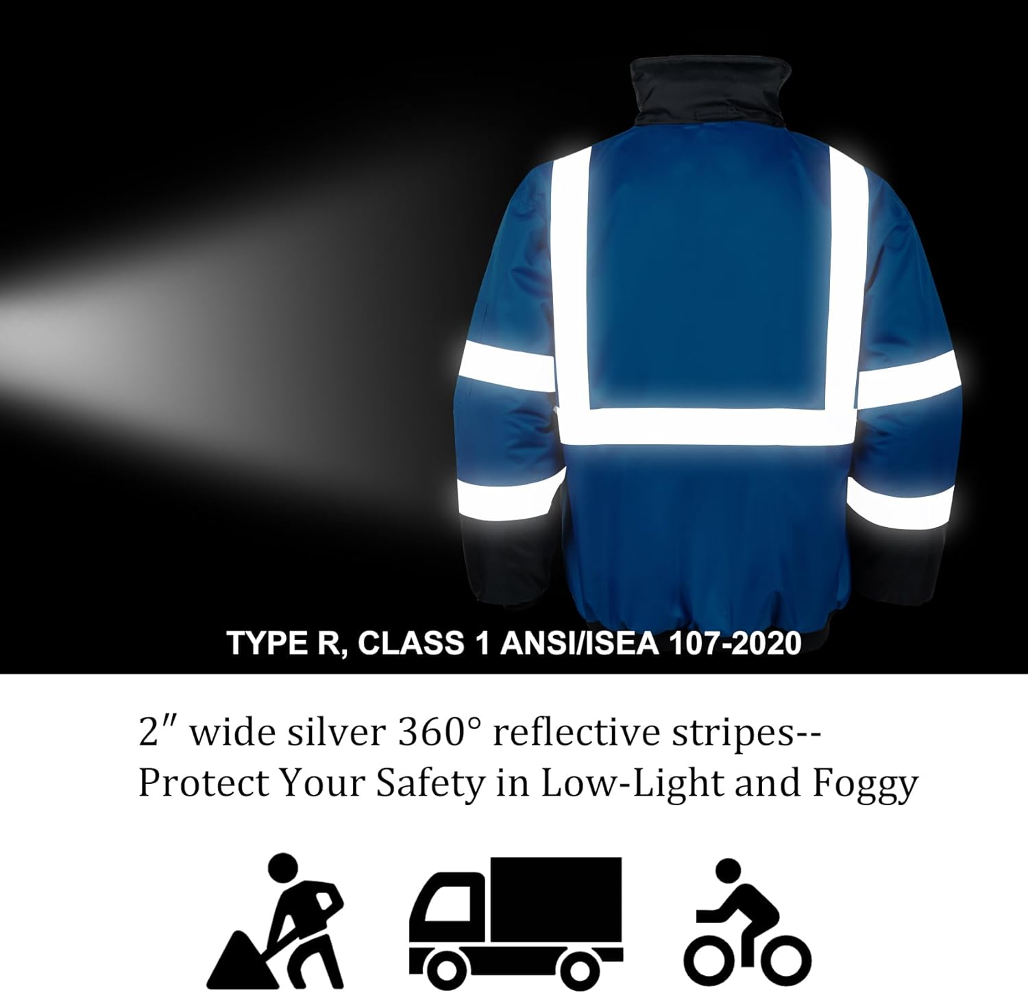 Chaquetas de seguridad reflectantes de alta visibilidad para hombre, forro polar ANSI Clase 1 Hi Vis, chaqueta de invierno con capucha (azul rey, XL)