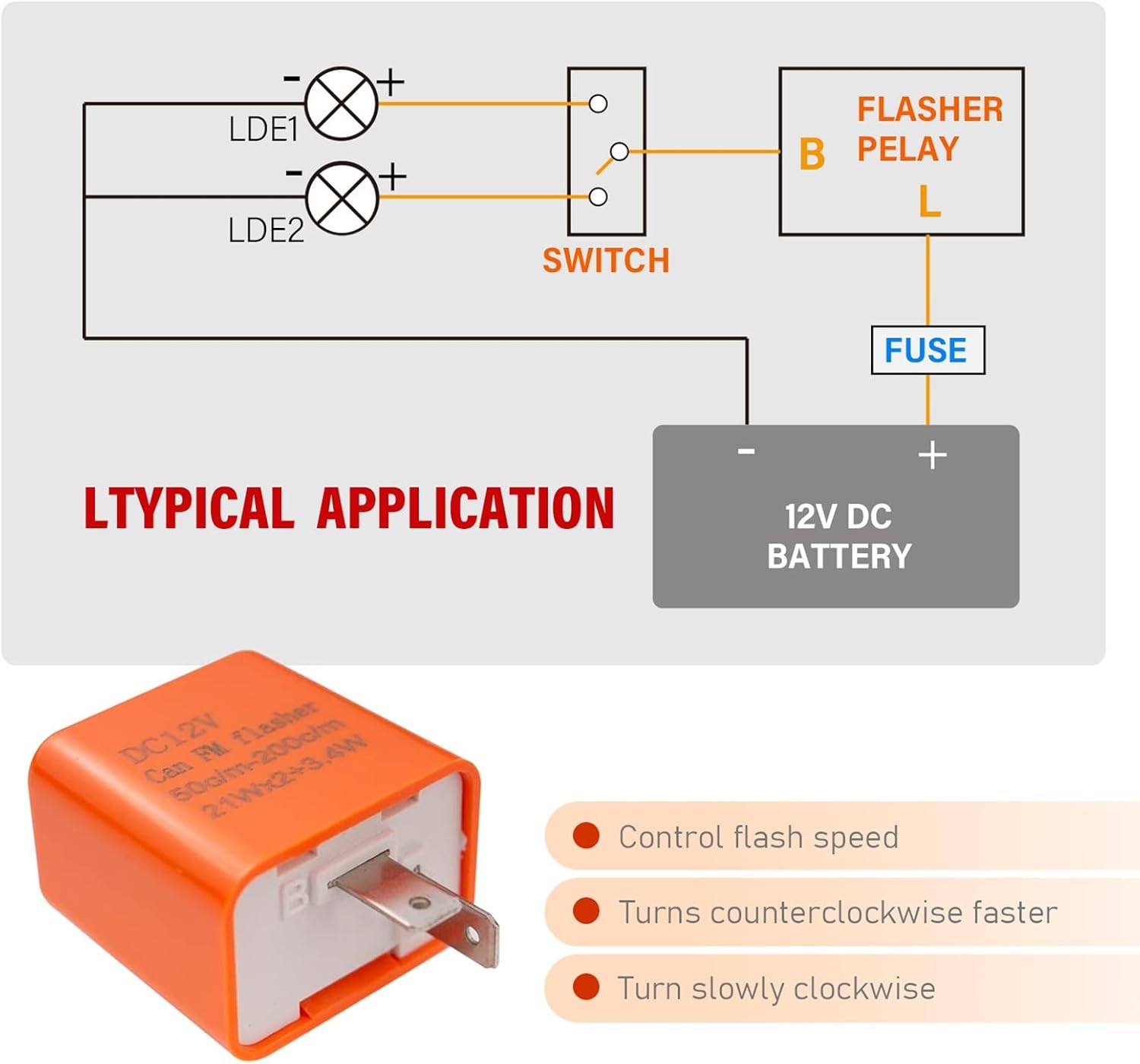 4 relés de flash de dirección LED, relé de dos patas ajustable de frecuencia CC de 12 V, controla las luces de los vehículos intermitentes o la