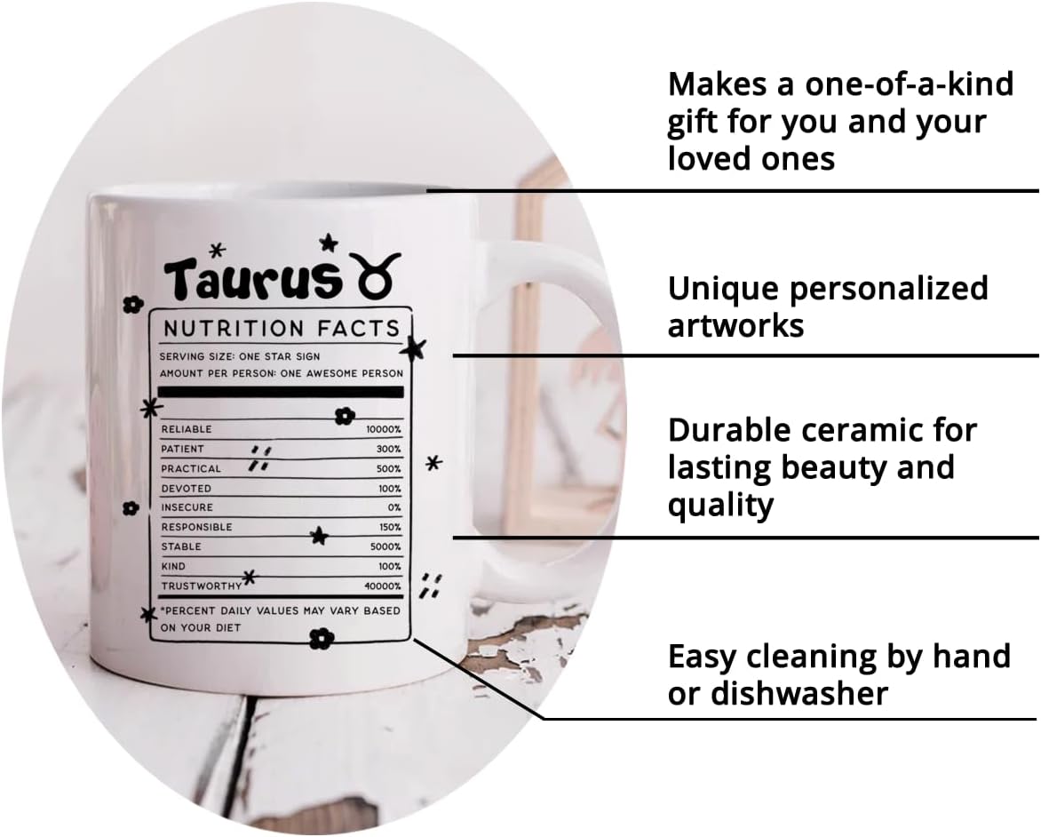Gossby Taza de café Taurus Nutrition Fact  Regalo del signo del zodiaco para mujeres, cumpleaños, regalo de astrología de Navidad para mujeres,