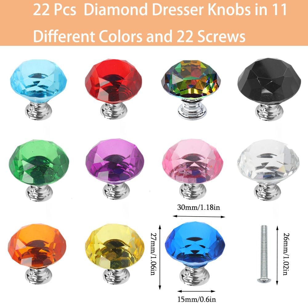 Paquete de 22 pomos de cristal coloridos para cajones, pomos de cristal de 1.18 pulgadas con forma de diamante para armario, cocina, baño, armario
