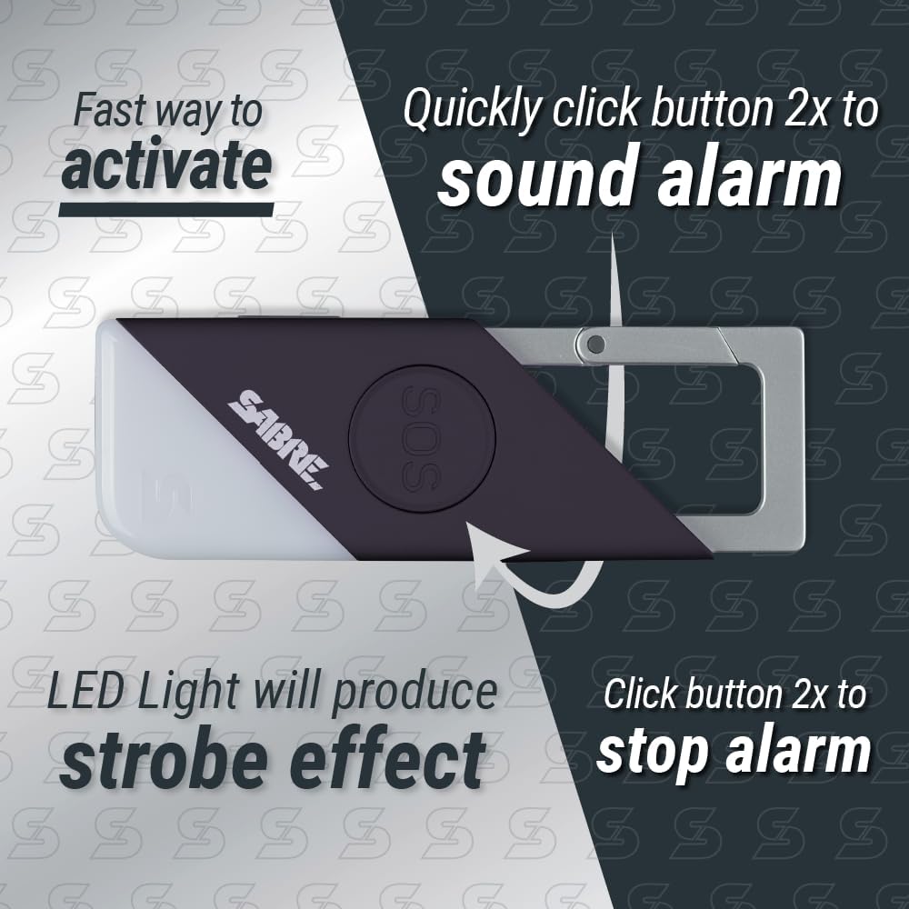 SABRE Alarma personal 2 en 1 con luz LED y botón SOS, sirena de 130 dB escuchada desde 1,800 pies (1,640.4 ft), clip de mosquetón para fácil
