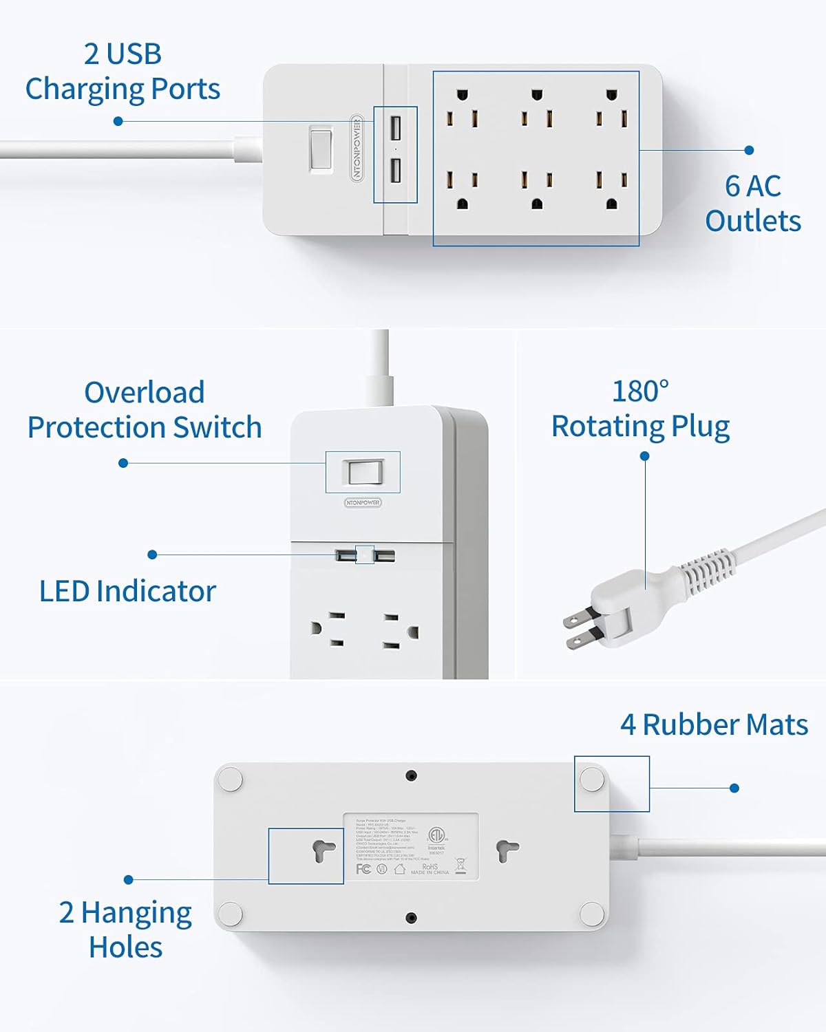 Regleta de alimentación de 2 clavijas con cable de extensión de 10 pies, protector de sobretensiones de enchufe plano NTONPOWER con 6 tomas, 2