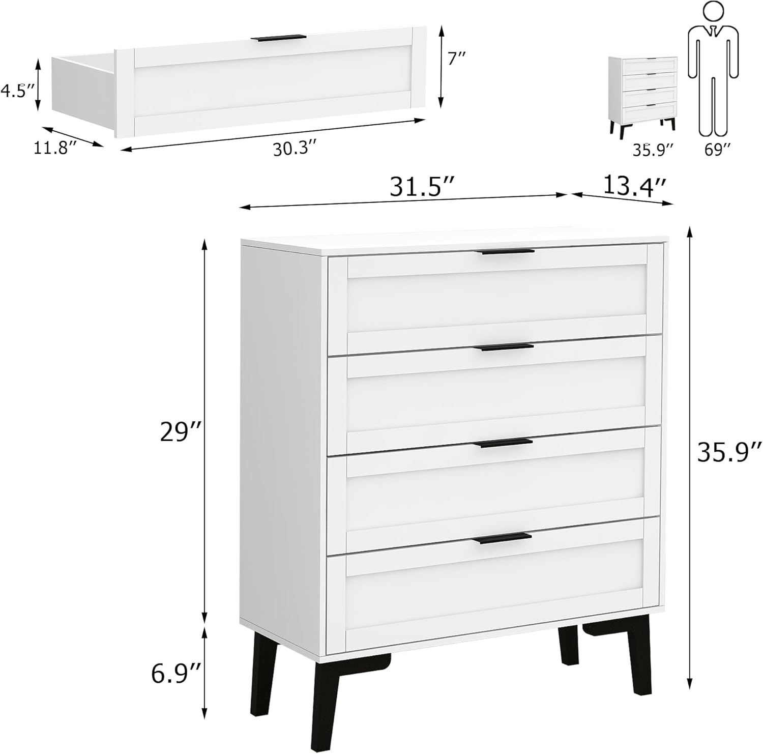TaoHFE Cómoda blanca de 4 cajones para dormitorio, cómoda de lencería de madera para dormitorio, moderna de 36 pulgadas de alto, cómoda blanca para