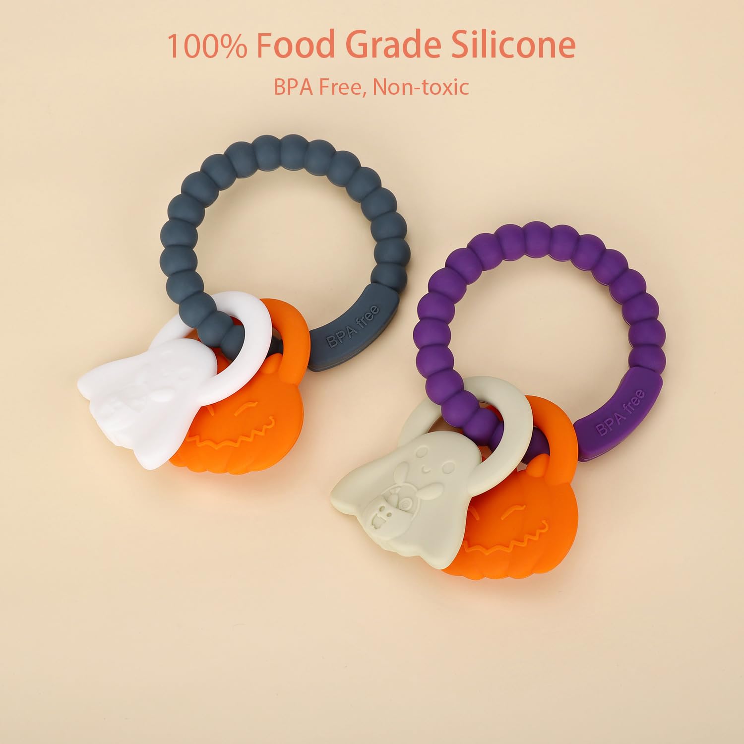 Anillo de dentición de silicona, juguetes mordedores para bebés de Halloween con sonajeros de calabaza y fantasma, juguetes sensoriales para