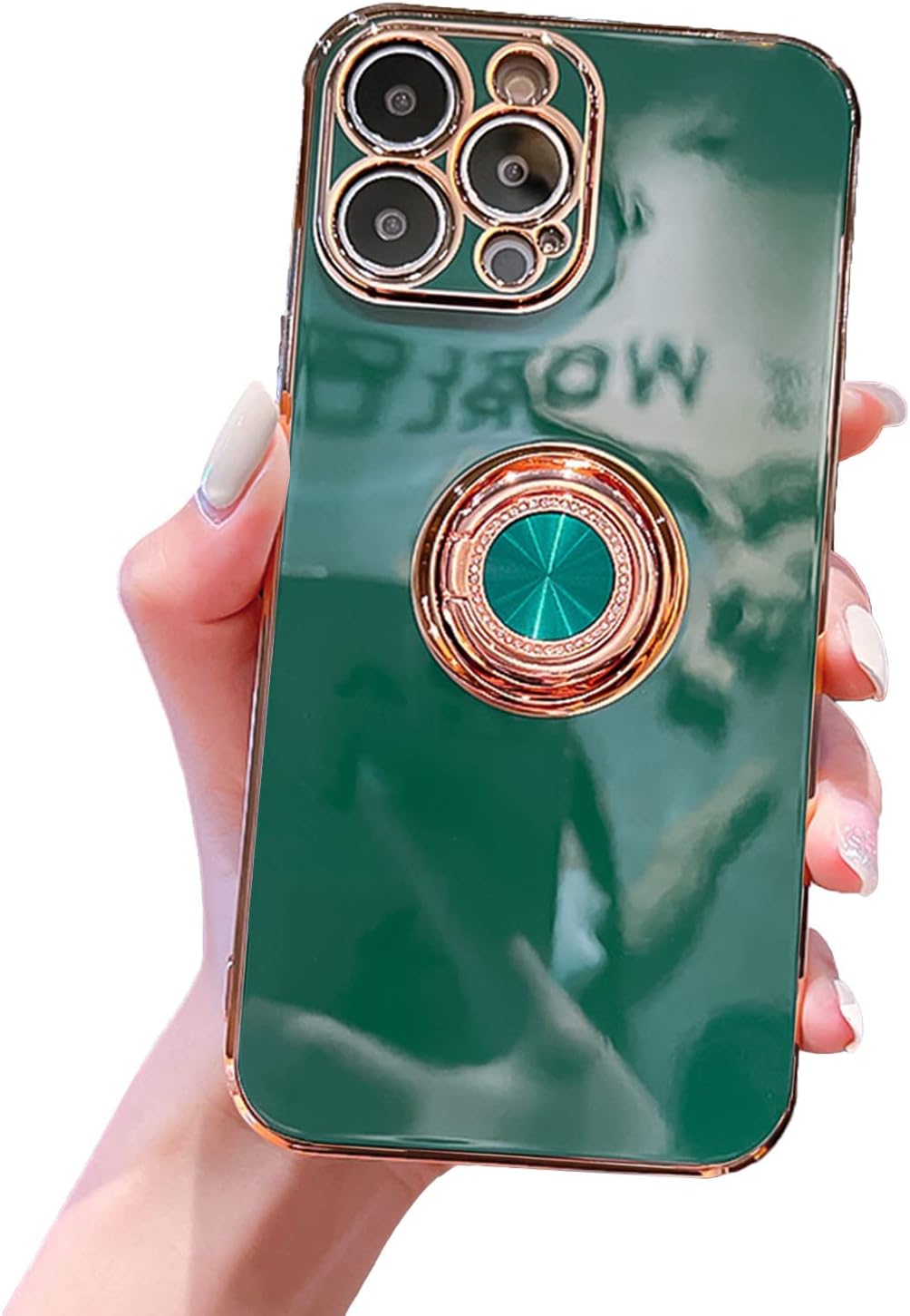 Funda para iPhone 15 Plus con soporte de anillo con chapado de diamante brillante, borde de oro rosa integrado, soporte magnético de rotación 360