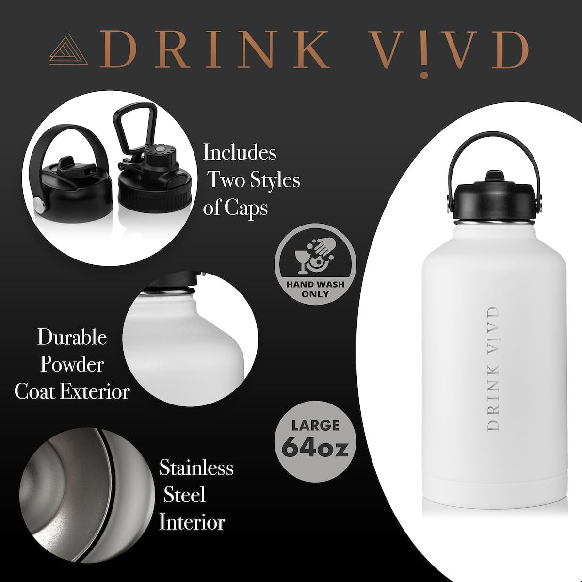 Botella de agua deportiva de acero inoxidable – 64 onzas, 2 tapas (tapa con pajilla), botella de agua aislada al vacío con 2 tapas (tapa con