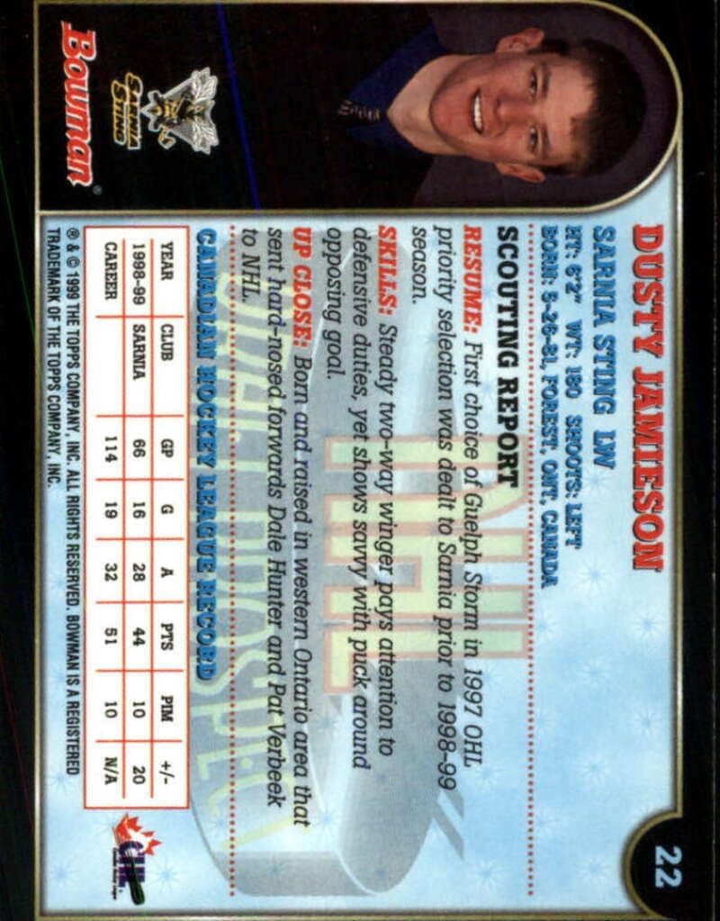 1999-00 Bowman CHL Hockey #22 Dusty Jamieson Official Topps Canadian Hockey League Trading Card (Stock Photo Shown, Near Mint or Better Condition)