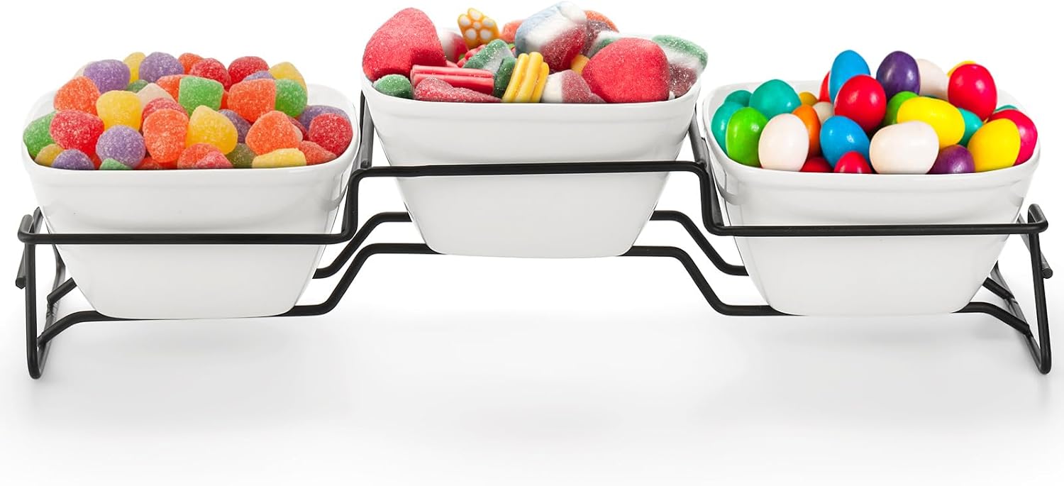 ZENFUN Juego de tazón cuadrado de 10 onzas, cuencos de ramekin de Pocelain con soporte de estante de metal, platos pequeños blancos, bandeja para