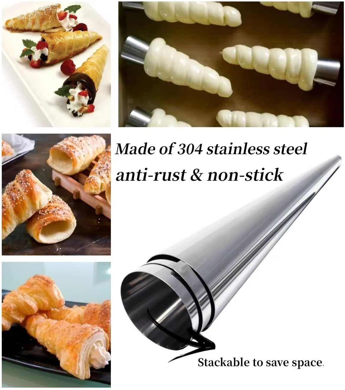 AMBESTAR Juego de 30 moldes de cuernos de crema, grandes de acero inoxidable Canolis Forms Cannoli Kit para hornear canolis, cáscara de croissant,