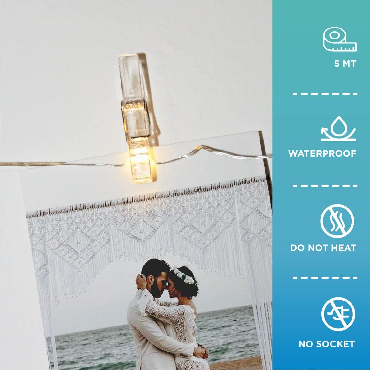 Cadena de luces con clip para fotos (16.4 ft, 50 LED, 30 clavijas), funciona con pilas, luz de hadas colgante para dormitorio