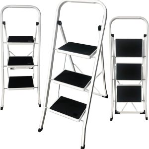 Escalera de acero de 3 escalones con mango plegable con pedal antideslizante ancho de 330 libras, taburete resistente para adultos, multiusos para Escalera de acero de 3 escalones con mango plegable con pedal antideslizante ancho de 330 libras, taburete resistente para adultos, multiusos para