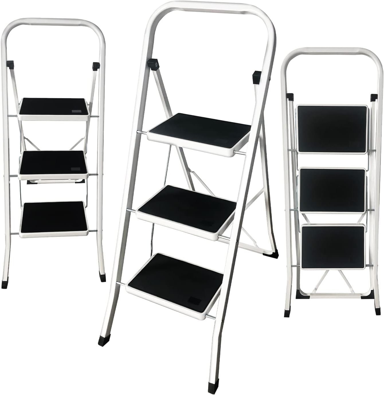 Escalera de acero de 3 escalones con mango plegable con pedal antideslizante ancho de 330 libras, taburete resistente para adultos, multiusos para