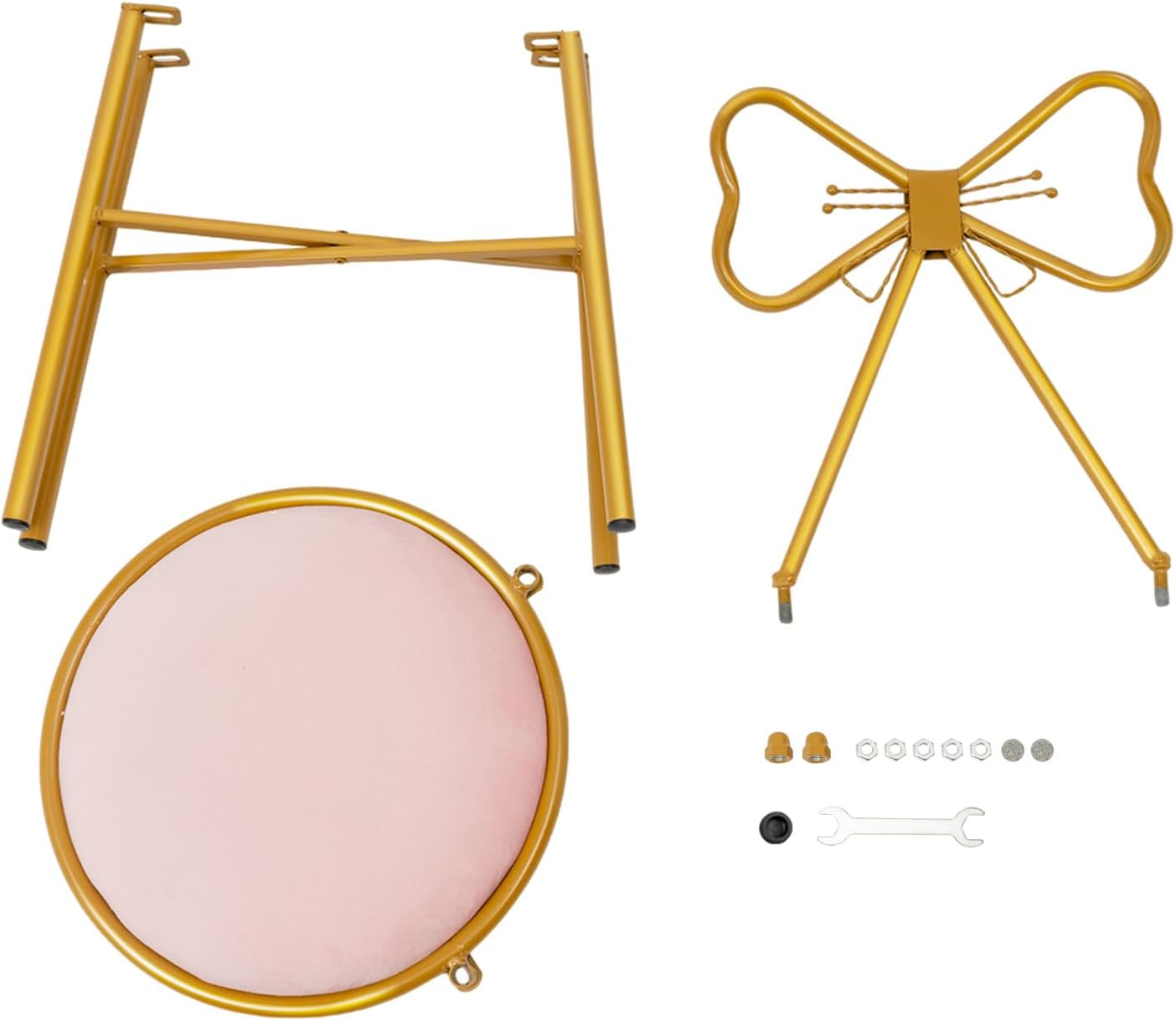 Silla de maquillaje de mariposa rosa, cojín de terciopelo con marco de metal dorado profundo, silla de descanso con respaldo de lazo y cojín de