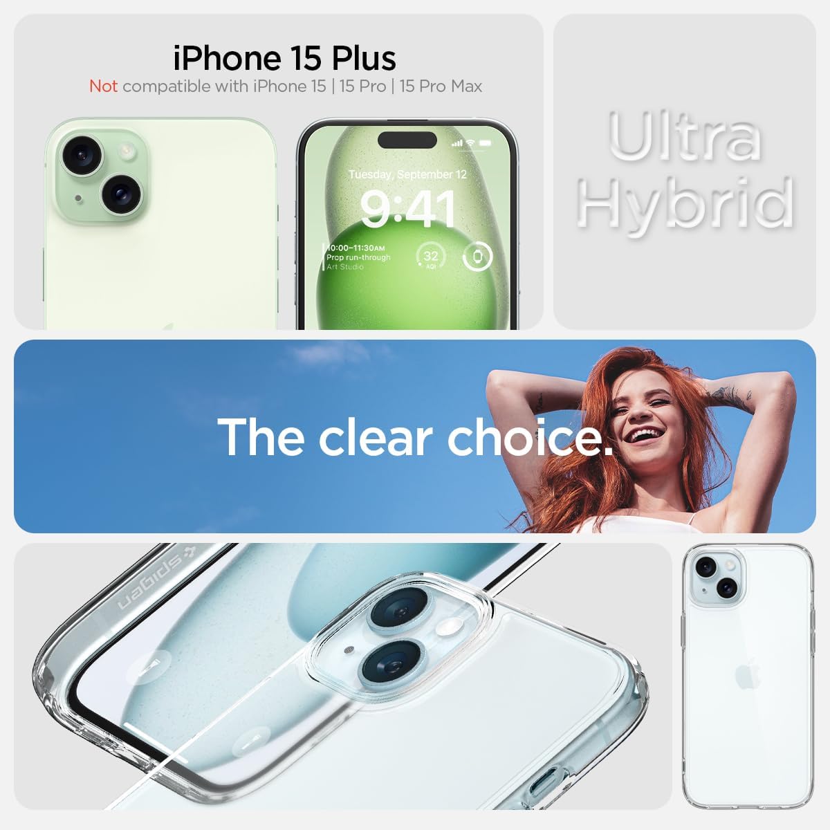 Spigen Funda ultra híbrida diseñada para iPhone 15 Plus (2023), antiamarilleo protección de grado militar – Transparente