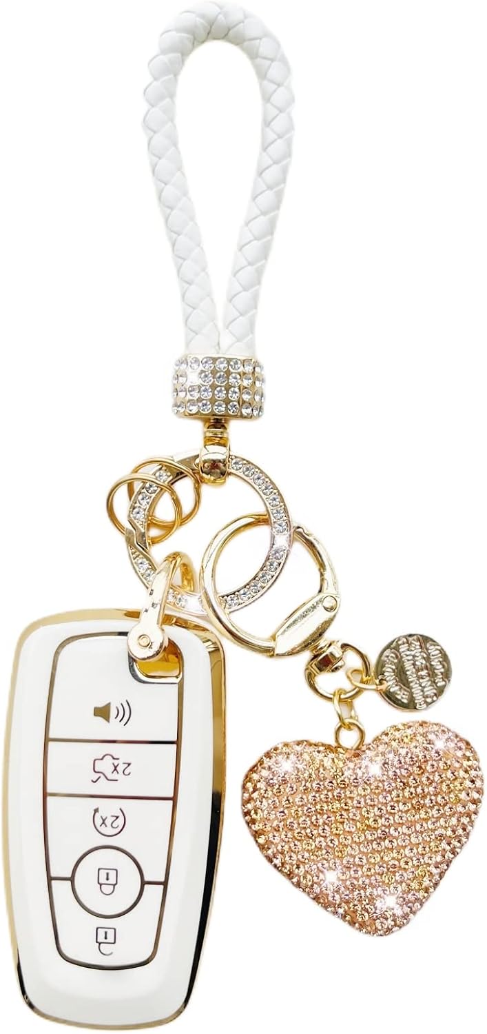 Funda para llavero, funda de TPU suave para llavero de coche con llaveros, BlancoDorado