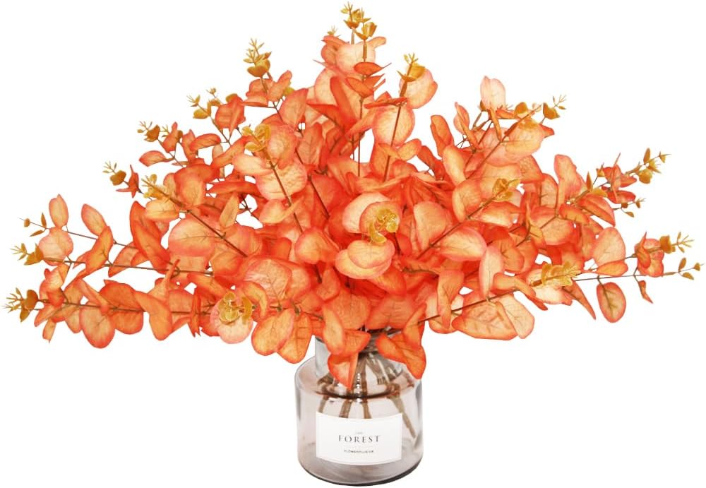 Tinsow Ramas de eucalipto artificiales, tallo de eucalipto sintético, tallos de otoño, Halloween, decoración del hogar (naranja rojizo, 10)