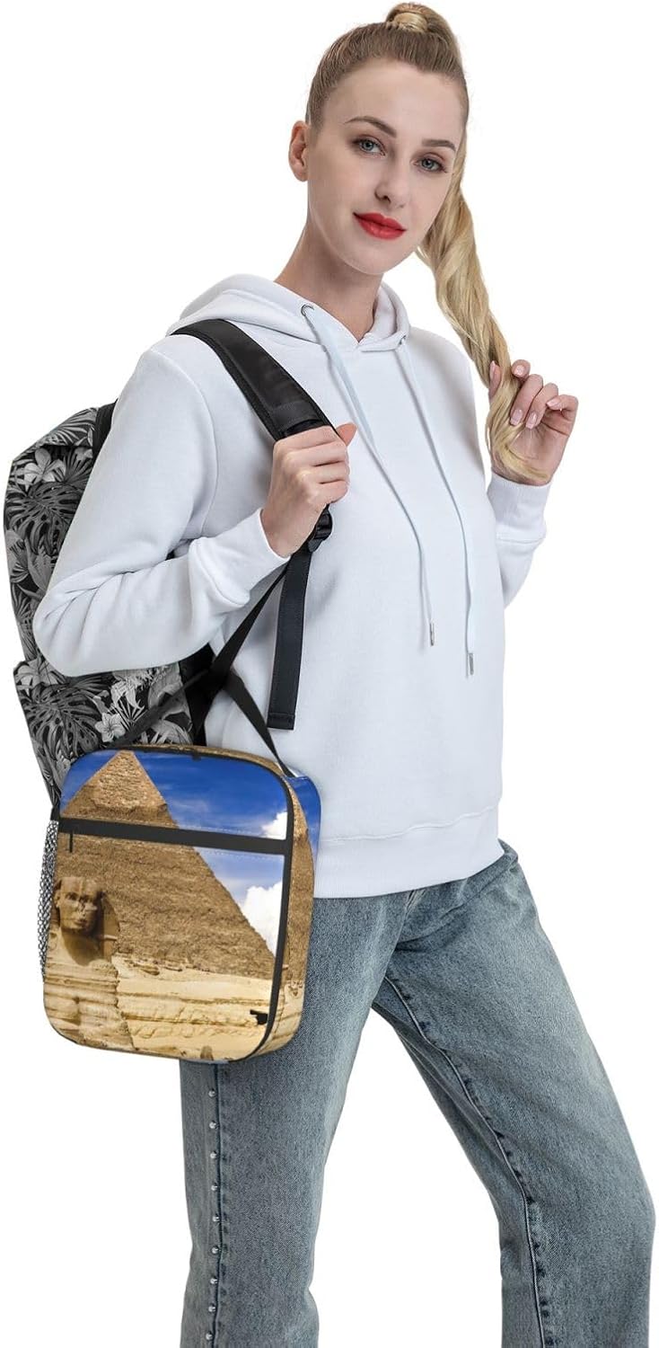 Bolsa de almuerzo para mujeres y hombres, bolsa de mano aislada, pirámides de Egipto, lonchera con bolsillo lateral para picnic de trabajo
